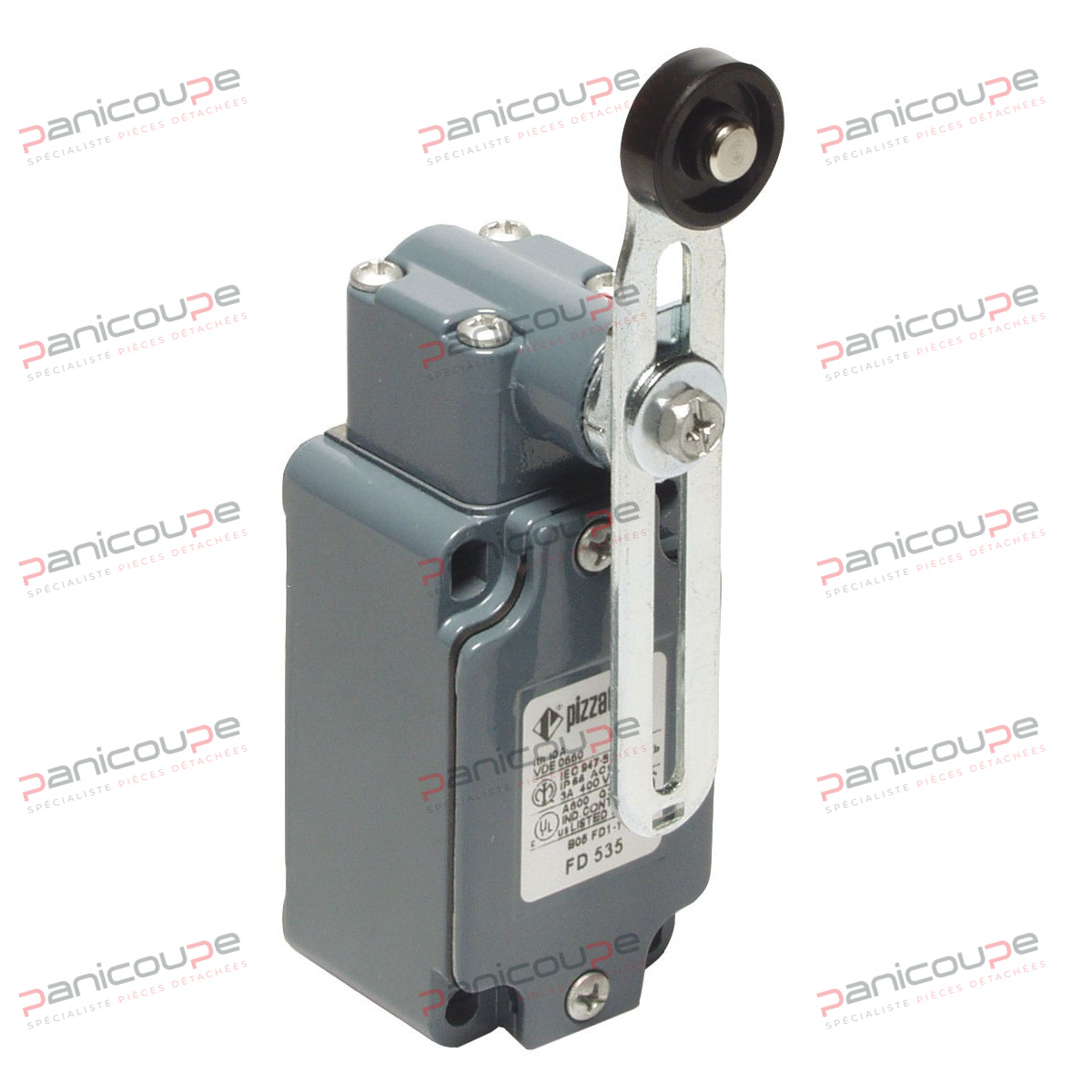 Boîtier et tête métalliques à 1 conduit. Contacts : 1 N/O + 1 N/F (6 A/250 VAC). Protection IP67. Température utilisation -25 à +80 °C. Tête orientable dans les 4 directions. Dimensions boîtier 40 x 74 mm. Fixation : 4 trous entraxe 30 x 60 mm. MODÈLE A LEVIER REGLABLE A GALET photo du produit