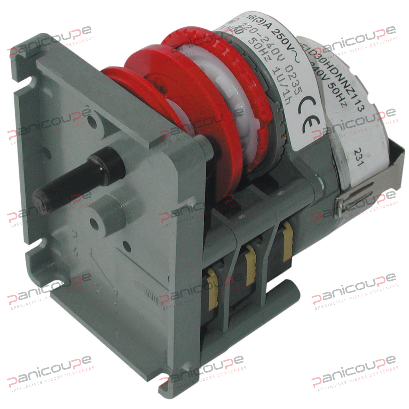 3 relais inverseurs 16 A. (dont 1 décalé pour enclenchement de la clé de oura). Alimentation 230 V. Dimensions 55 x 73 x 55 mm. Montage fréquent sur fours. Code SAIA : KKH20305B5E1N00 MINUTERIE KKH TRIPOLAIRE 60 MINUTES photo du produit