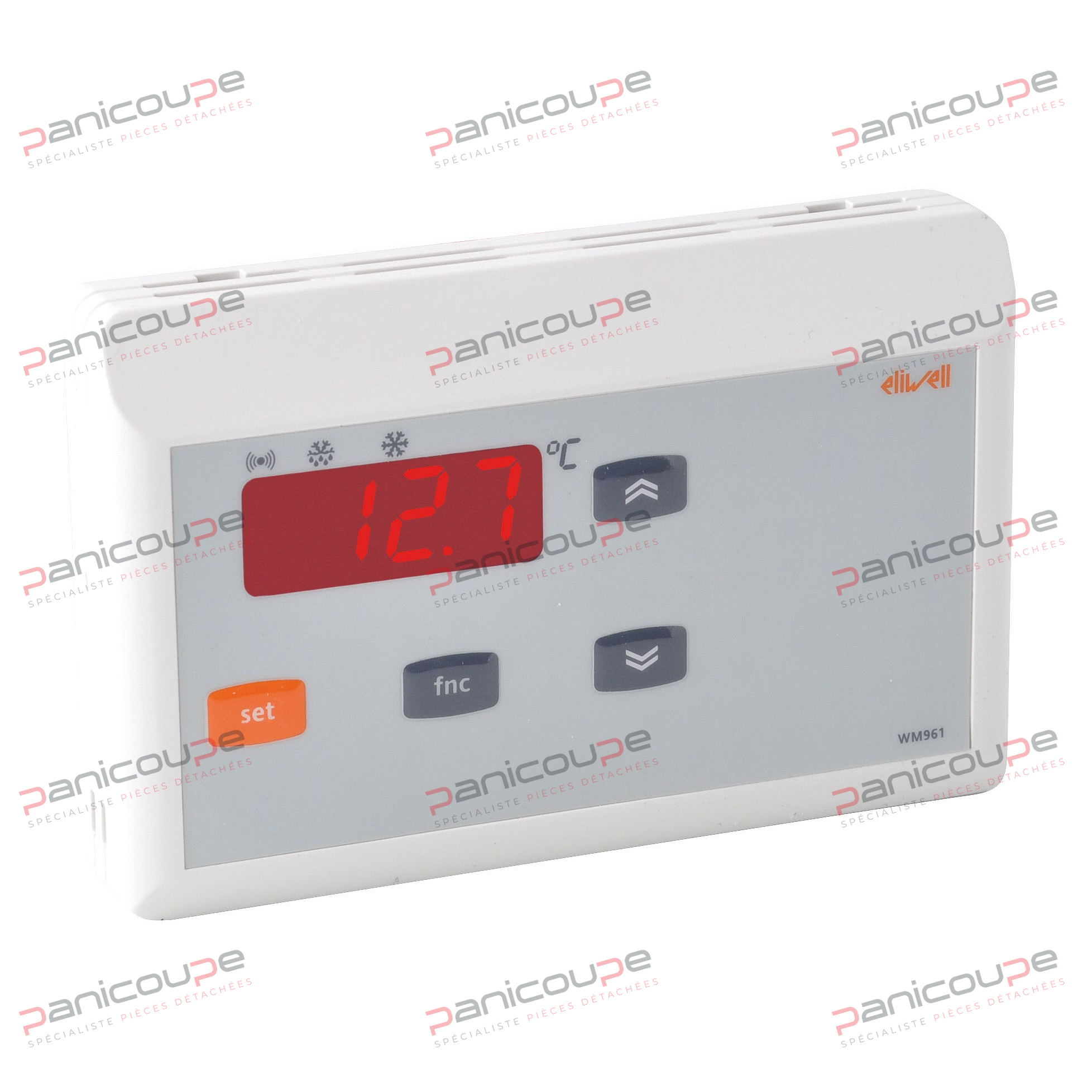 Modèle sous boîtier pour montage mural avec dégivrage par arrêt du compresseur. Plage de régulation de -50 à +50 °C. 1 point de consigne. 1 sortie relais SPDT 8(3) A/250 V. 1 entrée digitale pour contact porte ou alarme 1 sortie OC configurable Affichage sur 2 chiffres. Face avant 123 x 80 mm. Profondeur 25 mm. Alimnetation 230 Vac Livré avec sonde PTC 1,5 m. RÉGULATEUR ELIWELL WM961 photo du produit
